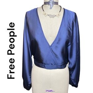 Free People Midnight Blue Blouson Sleeve Blouse with Deep V-Neck Sz Small